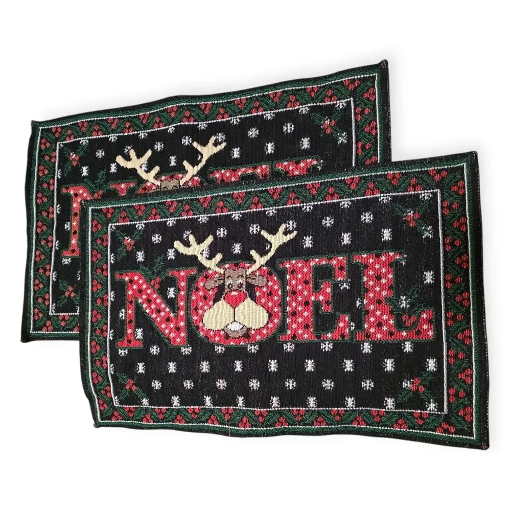 Vintage Embroidered Noel Reindeer Placemats - Set of 2